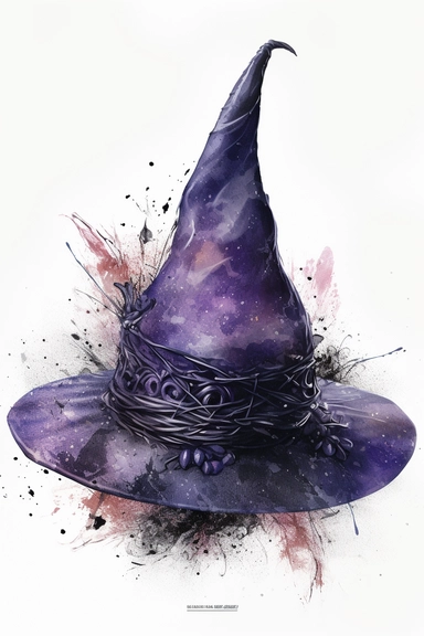 hyper realistic stunning Witch hat: Create a clipart of a classic witch hat with a gothic twist, spider webs, bats, and other gothic elements to make it more interesting. ,watercolor illustration, color palette Violet, eggplant,diesel,dusty gray,cannon pink, tamarind,mulled wine,charade ,realistic,symmetry,png white background