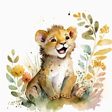 The watercolor clipart illustration shows a baby lion playing in a natural setting. The background is a white space to keep the focus on the cute baby lion. The colors are warm and inviting, with shades of yellow, brown, and white. The baby lion is depicted in a playful and happy way, with its mouth open in a smile and its paws stretched out. This would be a perfect watercolor clipart for kids to enjoy and learn about lions.