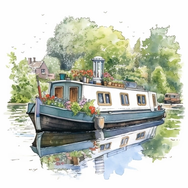 watercolour, pretty canal boat, detailed, summer time, clipart, white background