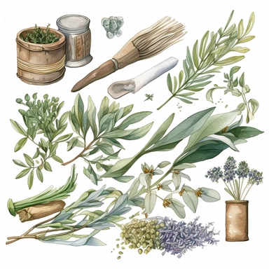 a watercolor of collection of sage bundles, herb bundles and seeds and nuts clip art on a white background--ar 2:3