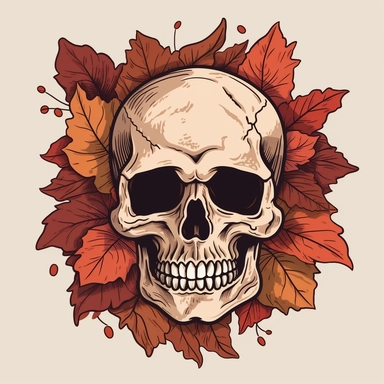 hand drawn png clip art color art of cute skulls on fall leaves