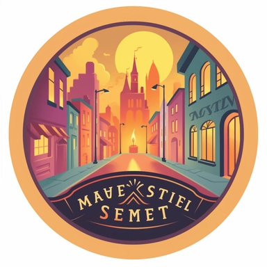 a clipart sytle circular logo using a lot of bright colors and no words for a company called Main Street Memories that creates candles based of scents inspired by Disney World, with buildings on two sides of the road leading to a castle in the middle that has a flame on top of it like the castle is a candle