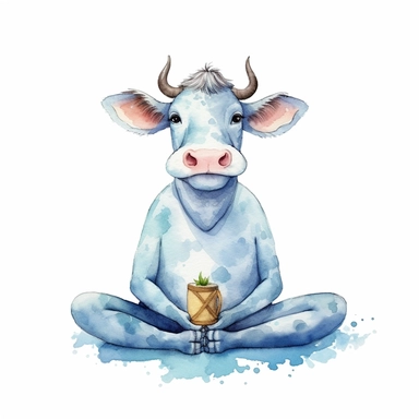 watercolor clipart image with a white background, featuring a cute cartoon cow peacefully meditating