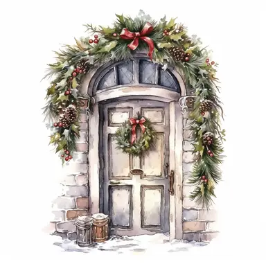 watercolor style, christmas door decorated with a circular christmas wreath, clipart, isolated on white background, 4K