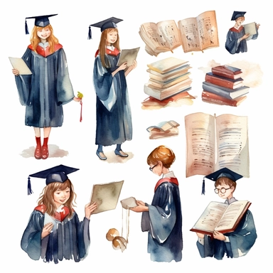 watercolor graduation ceremony related scenes, illustrations clipart set, simple, , cartoon elements ,different variants , separate elements with a margin, ,4k, high resolution