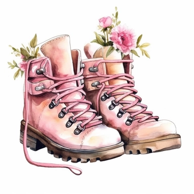 hand drawn , watercolor, hyper realistic, white background, white margins, 16k, ultra detailed clipart, cut out image, hand-drawn, ultra HD, sharp and clean art a vintage hiking boots with delicate floral , capturing the romantic and feminine aesthetics often associated with vintage fashion and travel. light pink pastel