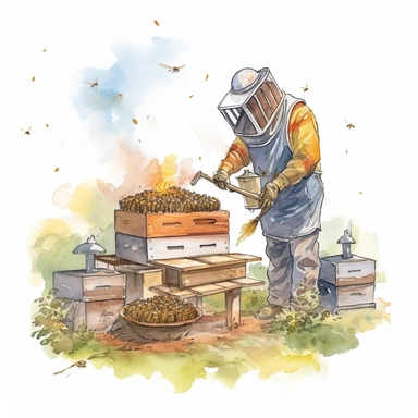 watercolor,An artistic representation of a beekeeper in full protective gear, using a smoker to calm the bees before inspecting the hive, with other beehives visible in the background. (Digital drawing clipart, image black border color, full body, flat texture, transparent background)