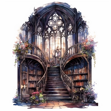 gothic watercolor clipart, old dark and atmospheric library with bookshelves, ladder, stained glass, high ceilings, big chandlier, winding stairs, flowers, , dark academia aesthetic, dark aesthetic, detailed, UHD, 8K, 3D, solid white background