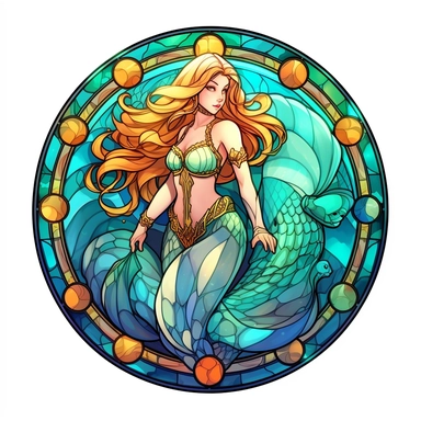 a stained glass glowing mermaid with glowing lights on her scales, mermaid fin, delicate detail, manhwa character design, in the style of artgerm, 2d game art, quadratura, clipart, on white blackground, circular shape,