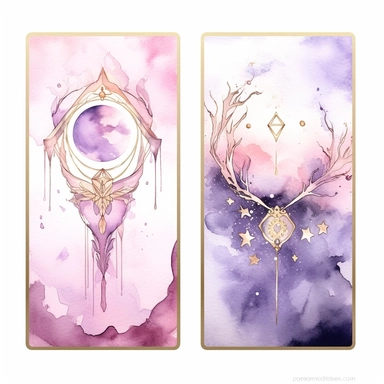 Tarot Cards, in the style of watercolor illustrations, pink and gold, soft lilac, magical and mystical, galaxy elements, modern minimal watercolor, on white background, clipart