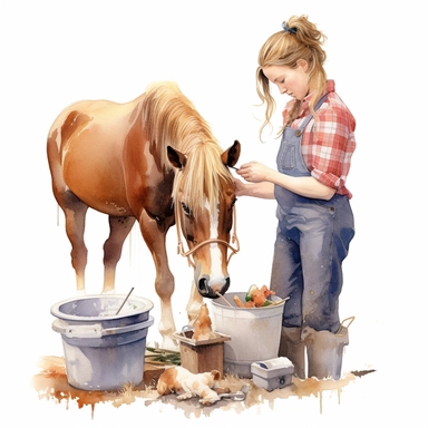 realistic watercolor drawing of a farm woman taking care of pony on a charming farm, on a white background where the background will be removed to repurpose as a clipart.