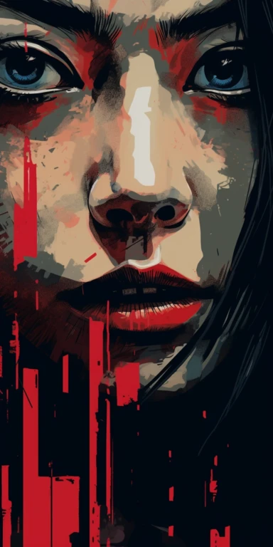 a newspaper clip art illustration with a red eye for an asian woman, in the style of large-scale murals, dark palette chiaroscuro, movie poster, mori kei, captivating documentary photos, hyper-detailed, richly colored, uhd 8k.