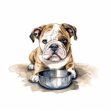 cute adorable small baby bulldog watercolor clipart, big shiny adorable puppy eyes, drinking water from a dog bowl, cartoonish character, smiling, no background, no text, High quality