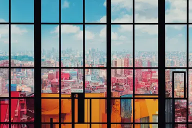 Magazine clipppings collage of an office window overlooking high fashion city district, colorful, vibrant, environment design, colorful, high fashion magazine office, magaine clippings collage art,