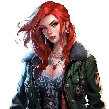 Disney princess Anna , long auburn red rocker hairstyle with a white streak, green leather jacket over a ripped blue dress, snowflake ❄️ necklace, skulls, gothic style, rock style, clipart, white background, by Kawacy