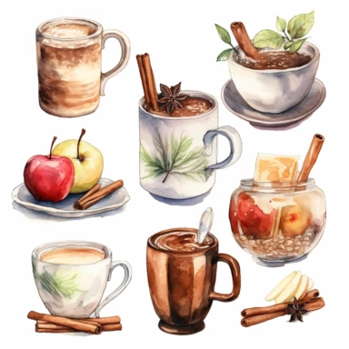 Merry Christmas and Happy New Year set. Watercolor collection with a choice of hot drinks:apple cider,tea,chocolate,cappuccino.Handpainted watercolor clipart