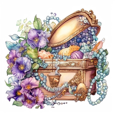 clipart, isolated on white background, Watercolor spring ornated treasure chest with jewelry and cancer, detailed, flowers and plants, ornated, pastel colors