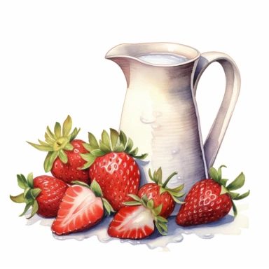 realistic high detailed watercolor strawberries and a jug of milk clipart, white background,