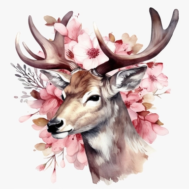 Deer portrait, pink magnolia flowers on a large antler, watercolor, clipart, illustration no background