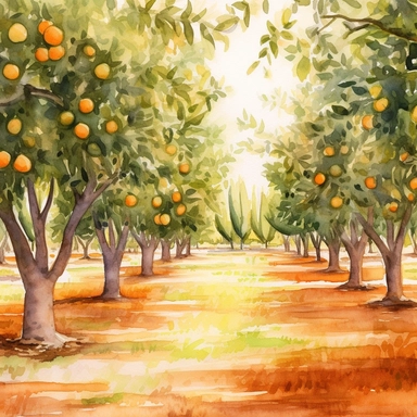 Citrus Grove: Create a watercolor clipart of an expansive orange grove, capturing the rows of trees and the play of light and shadow. Incorporate warm earthy tones and a sense of depth to bring the scene to life.