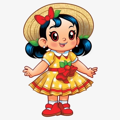 a cute little girl dressed for a brazilian junina party, blonde hair, with a blue and yellow flowing dress, braids in her hair, red shoes, happy, Monica's gang style, Graphics Maurício de Sousa, digital art, big eyes, cartoon, clipart , country girl from festa junina from brazil cute drawing white background
