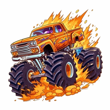cartoon monster truck crushing an old car clipart isolated on a white background flames coming out of the back