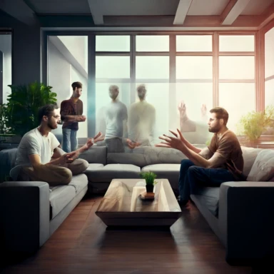 four human hands pointing (in discrimination), towards a young stressed olive skin, tall, blue eyed, beautiful man in a well lit modern living room with wide windows,comfortable couches, a nice coffee table with magaines on top, 8k ultra realistic 64bit color depth, people looking down on him, he is sitting in a calm modern and calm toned study, emotional conveyance , 3d clipart