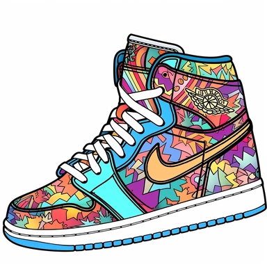 Coloring Page of a 2D Nike Air Jordan: Illustrate the iconic Air Jordan models, showcasing their unique designs and coloring page, hippie style, psychedelic poster art, hippie landscape, groovy pattern background, clipart black and white, simple outline