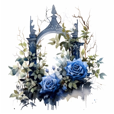 A wild gothic garden overgrown with thorns and blooming with midnight blue roses clipart, white background, watercolor drawing