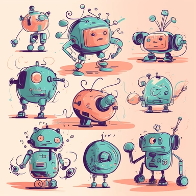 clipart collection of scribbles and illustrations of a group of generative AI bots featuring an author bot, a coding bot, an illustration bot, photographer bot and an assistant bot, all non-binary characters, professional web design, friendly, cool, modern web illustration, two-tone, cute, playful, helping