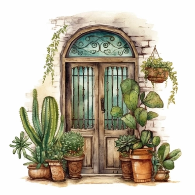 A boho style home door with watercolor effect,boho style tools,boho style big window,,boho style details,boho colors,suitable for digital clipart,white background,boho style green plants,boho flowers