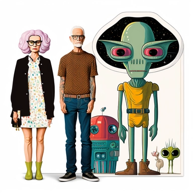 Boho style illustration, clipart, sublimation drawing Alien standing next to American Gothic characters by American artist Grant Wood Vibrant colorful colors on white empty background, 8k high quality, high quality detail