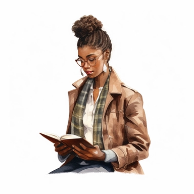 20 year old black woman wearing tweed blazer university student reading a book illustration, soft colors watercolor clipart, solid white background, high definition, 8k