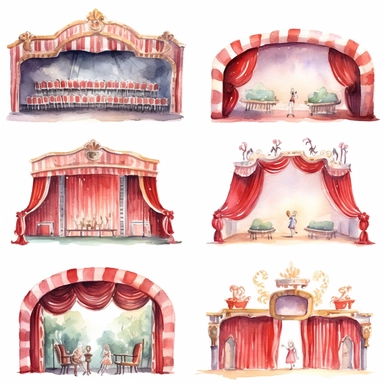 watercolor 1910s 1920s 1930s 1940s theatre stage, illustrations clipart set, simple, , cartoon elements ,different variants ,shows,separate elements with a margin