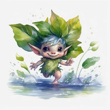 High level watercolor, hyper realistic, white background with margins, 8k, ultra detailed clipart,A cute little elf with big eyes carrying a large leaf happily ran on the water surface, young and lively, running sideways with blue eyes and many lotus leaves on the water surface