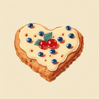 a simple cookie with frosting and small berries , chromolithograph, shaped like a heart , decorated , valentine Clipart, on a plain cream background, vintage, 1950s era look.