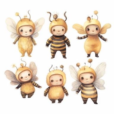 a harmonious baby bundle bee clipart with watercolor illustration,full body shot,8k,etsy style, white background