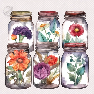 watercolor 1 dozen jars, decorated with flowers, plants, leaves, inserted into glass jars vividly bold designs png Full body realistic cartoon in 32K UHD cute. 15 cm thick outline. Black color. There was no shadow on the ground. 8k with realistic watercolors. and detailed illustrations. PNG clipart, transparent white background