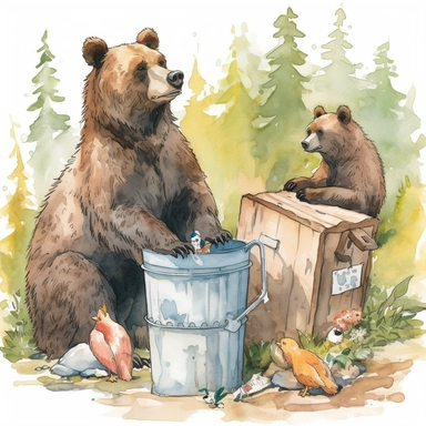 water color cute bear family eating trash from a trash bin at yellowstone park, clipart, hd, between trees