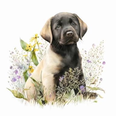 Cute Baby animal Labrador Retriever - A friendly and loyal breed that is great with families and loves to play. Floral, Summer Flower, Spring Flowers, illustration ,clipart, isolated on white background