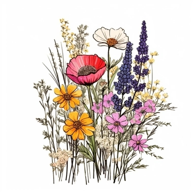 Wildflowers, Flower Meadow , Flower Border, Minimalist Flower Bouquet, Wildflower Clipart hand drawn sketch with colors of wildflower meadow drawings boho minimalist style 4