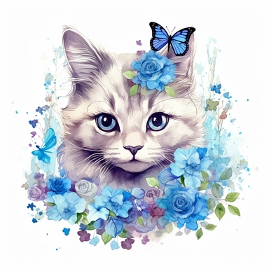 Floral cute Scottish cat, flowers on her head, with blue butterflies, cat face, clipart Scottish cat, on white background, hd