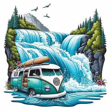 Illustrate a scene of a van cruising on a shimmering wave, surfboards adding a touch of adventure, with a stunning waterfall cascading nearby against a serene white canvas, illustration style, white background, clipart, PNG pure white background, high resolution, hyper detailed, best quality, high detailed illustration