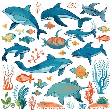 ocean animals clipart with marine animals, dolphins and sharks, in the style of toyen, aquamarine, scrapbook, foampunk, furaffinity, colourful