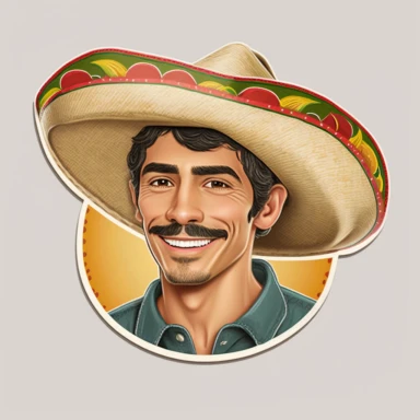 Pretty smiling Mexican young man wearing a sombrero, sinco de mayo background, realistic cartoon-style clipart sticker