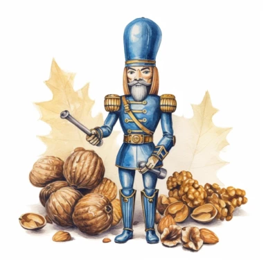 Christmas Nutcracker, Gold and Blue, colors in watercolor pencil drawing style, on a white background, walnuts near the nutcracker, clipart, high details, hdr, hyperrealism