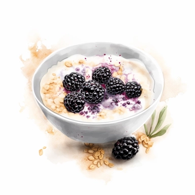 watercolor clipart of bowl with blackberries porridge with oatmeal and milk, presented in a flatlay style with a top-side view on a clean white background. bowl should be filled with a visually appealing arrangement of one ingredient, showcasing their vibrant colors and textures. The watercolor style should bring out the essence of each ingredient while retaining a harmonious overall composition. The clean white background should provide a pristine backdrop, enhancing the visibility and focus on