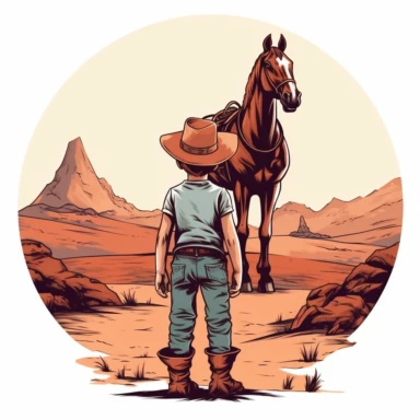 western very little boy with hat with his back to viewer, boy facing the horizon, next to a horse, png, minimal cartoon, clipart, vector, digital airbrush, in the style of tattoo
