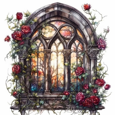 Gothic window with perfect roses and vines Clipart - Dark fantasy Watercolor skizze, baroque era, close up, white background, watercolor, hyperrealism, high detail, isolated elements