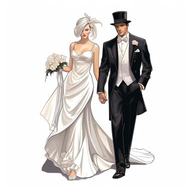 Bride and groom full body, fancy bride dress, high level of detail, vector clipart, white background